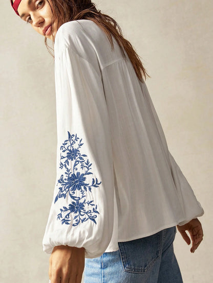 Bohemela Plus Size Women Floral Embroidery Drop Shoulder Long Sleeve Loose Shirt Boho Tops For White Top Blouses Peasant Blouse Embroidered Top,Fall Clothes