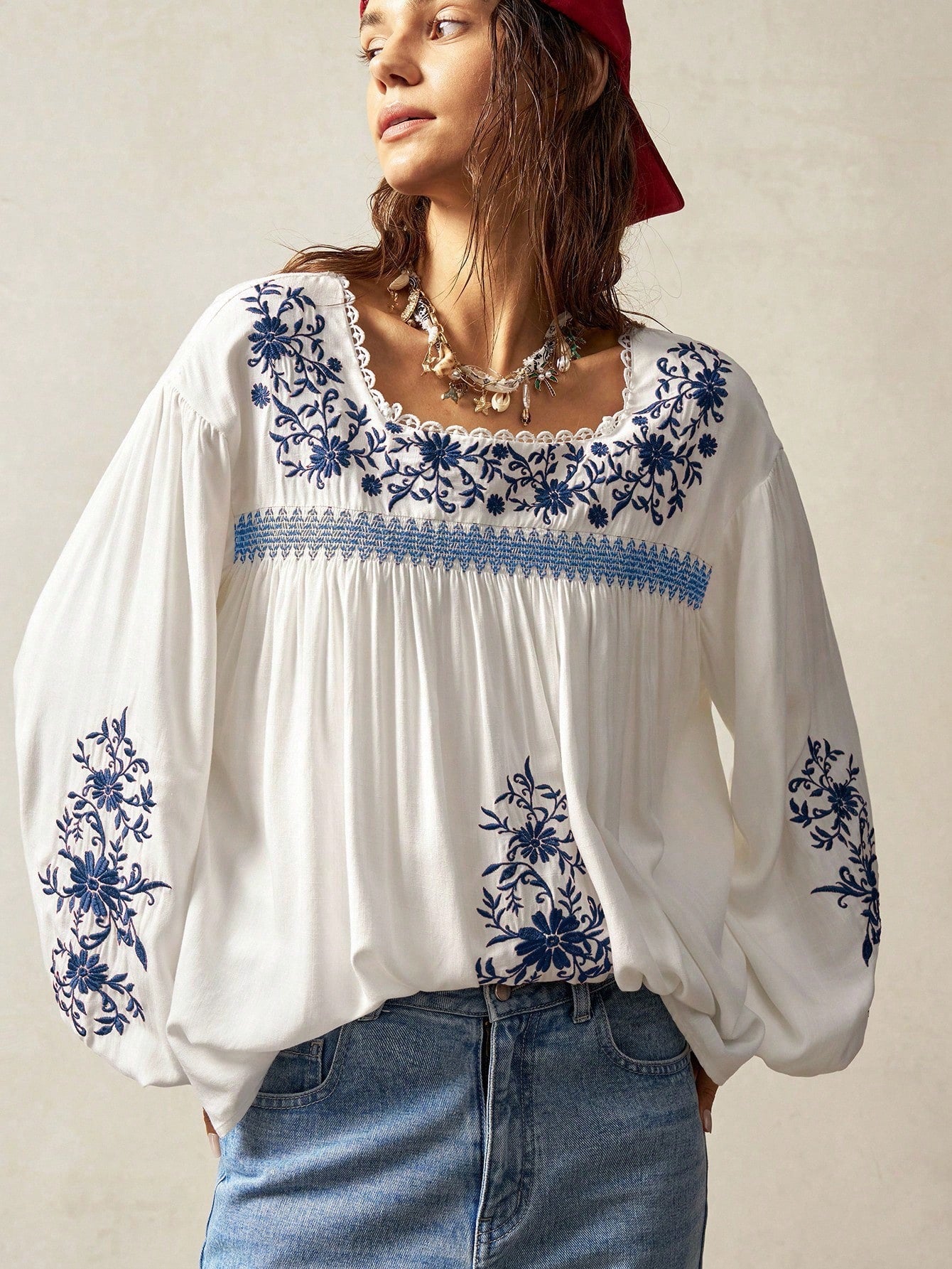 Bohemela Plus Size Women Floral Embroidery Drop Shoulder Long Sleeve Loose Shirt Boho Tops For White Top Blouses Peasant Blouse Embroidered Top,Fall Clothes