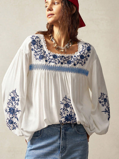 Bohemela Plus Size Women Floral Embroidery Drop Shoulder Long Sleeve Loose Shirt Boho Tops For White Top Blouses Peasant Blouse Embroidered Top,Fall Clothes