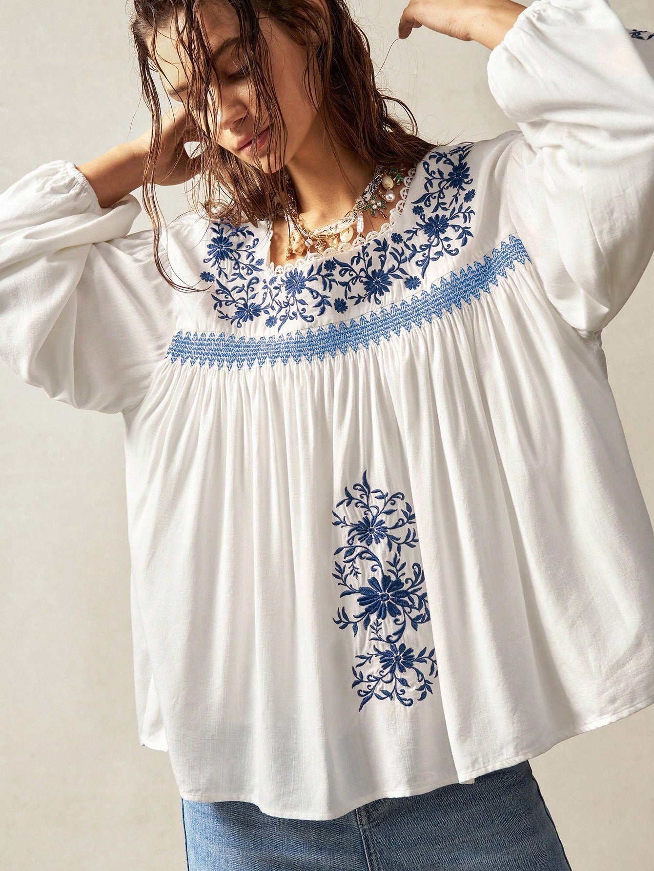 Bohemela Plus Size Women Floral Embroidery Drop Shoulder Long Sleeve Loose Shirt Boho Tops For White Top Blouses Peasant Blouse Embroidered Top,Fall Clothes