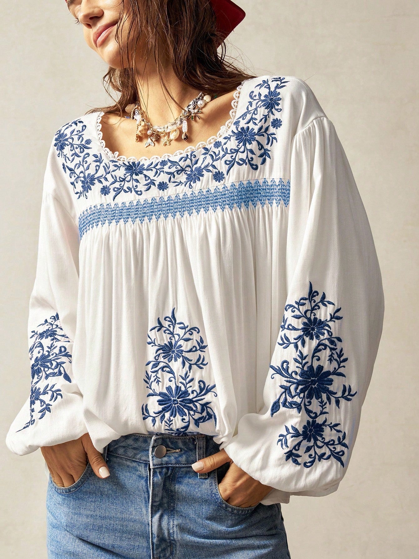 Bohemela Plus Size Women Floral Embroidery Drop Shoulder Long Sleeve Loose Shirt Boho Tops For White Top Blouses Peasant Blouse Embroidered Top,Fall Clothes