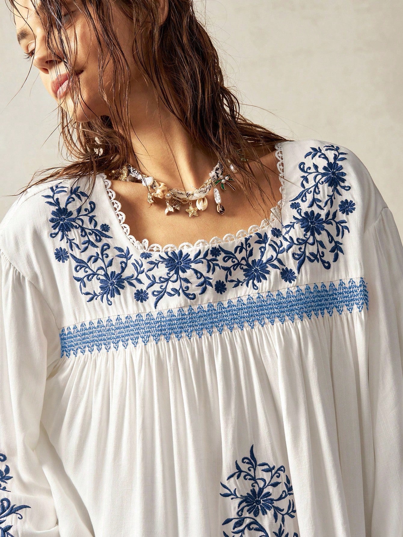 Bohemela Plus Size Women Floral Embroidery Drop Shoulder Long Sleeve Loose Shirt Boho Tops For White Top Blouses Peasant Blouse Embroidered Top,Fall Clothes
