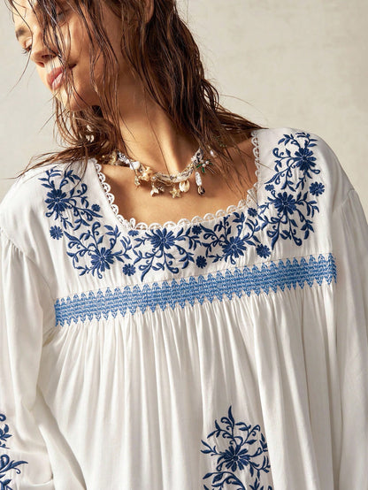Bohemela Plus Size Women Floral Embroidery Drop Shoulder Long Sleeve Loose Shirt Boho Tops For White Top Blouses Peasant Blouse Embroidered Top,Fall Clothes