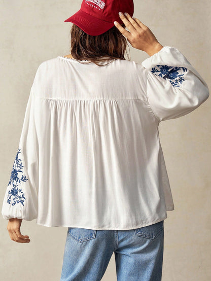 Bohemela Plus Size Women Floral Embroidery Drop Shoulder Long Sleeve Loose Shirt Boho Tops For White Top Blouses Peasant Blouse Embroidered Top,Fall Clothes