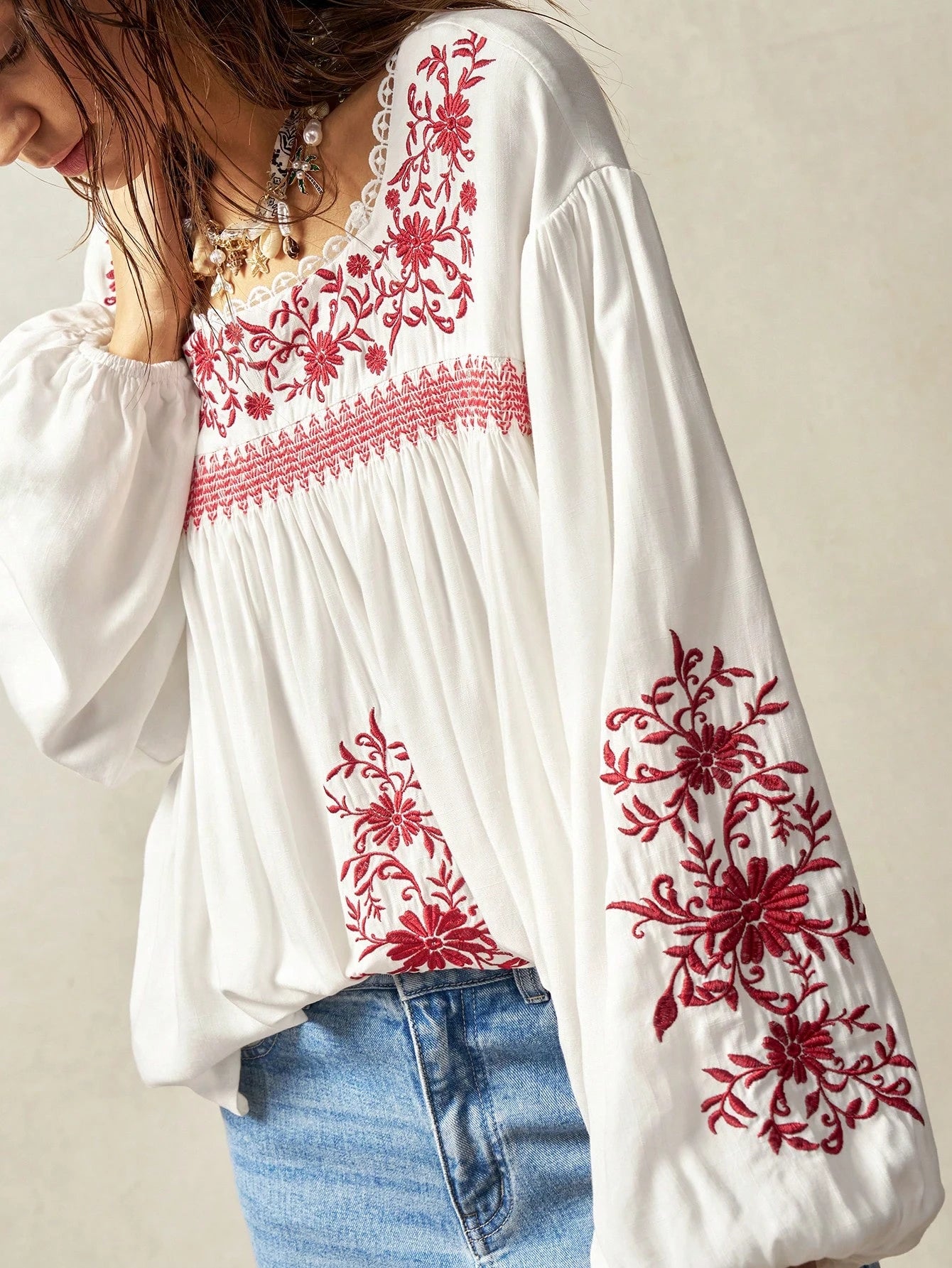 Bohemela Plus Size Women Floral Embroidery Drop Shoulder Long Sleeve Loose Shirt Boho Tops For White Top Blouses Peasant Blouse Embroidered Top,Fall Clothes