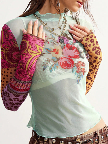 Bohemela Plus Size Women Floral Print Casual Versatile Long Sleeve Top For Daily Wear Fall