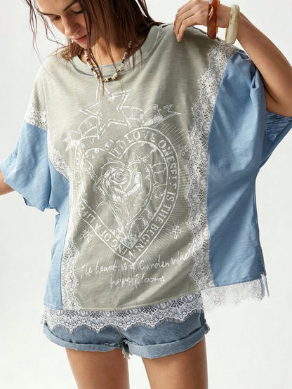 Bohemela Plus Size Women Lace Patchwork Casual Versatile Daily Wear T-Shirt