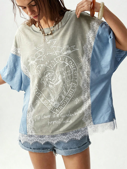 Bohemela Plus Size Women Lace Patchwork Casual Versatile Daily Wear T-Shirt