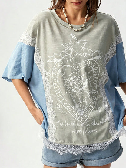 Bohemela Plus Size Women Lace Patchwork Casual Versatile Daily Wear T-Shirt