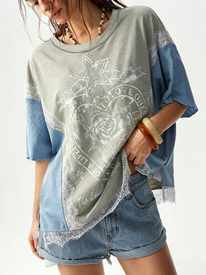 Bohemela Plus Size Women Lace Patchwork Casual Versatile Daily Wear T-Shirt