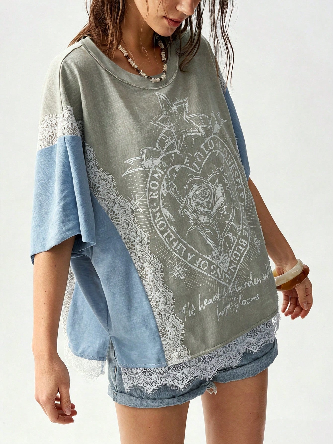 Bohemela Plus Size Women Lace Patchwork Casual Versatile Daily Wear T-Shirt