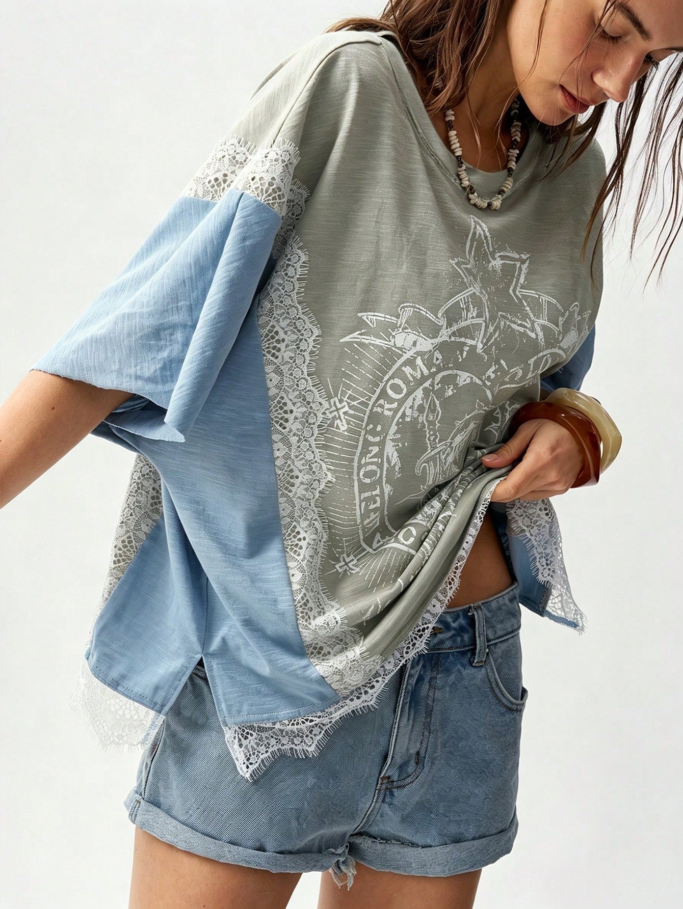 Bohemela Plus Size Women Lace Patchwork Casual Versatile Daily Wear T-Shirt