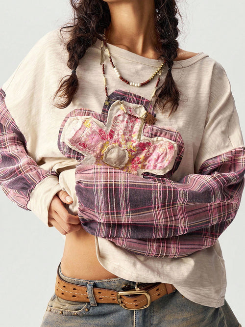 Bohemela Plus Size Women's Beige Autumn Patchwork Plaid Floral Applique Drop Shoulder Long Sleeve Top,Boho Vacation Cottagecore Aesthetic Hippie Casual Tops