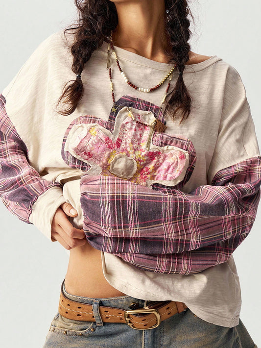 Bohemela Plus Size Women's Beige Autumn Patchwork Plaid Floral Applique Drop Shoulder Long Sleeve Top,Boho Vacation Cottagecore Aesthetic Hippie Casual Tops