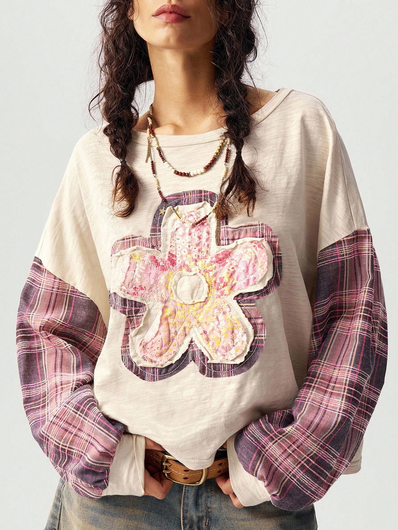Bohemela Plus Size Women's Beige Autumn Patchwork Plaid Floral Applique Drop Shoulder Long Sleeve Top,Boho Vacation Cottagecore Aesthetic Hippie Casual Tops