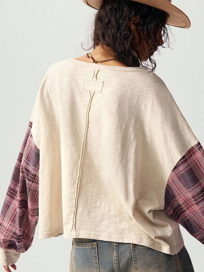 Bohemela Plus Size Women's Beige Autumn Patchwork Plaid Floral Applique Drop Shoulder Long Sleeve Top,Boho Vacation Cottagecore Aesthetic Hippie Casual Tops