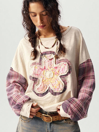 Bohemela Plus Size Women's Beige Autumn Patchwork Plaid Floral Applique Drop Shoulder Long Sleeve Top,Boho Vacation Cottagecore Aesthetic Hippie Casual Tops