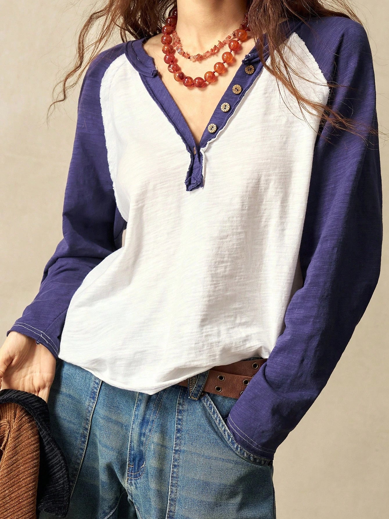 Bohemela Plus Size Women's Colorblock Raglan Long Sleeve Casual T-Shirt Fall