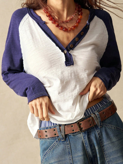 Bohemela Plus Size Women's Colorblock Raglan Long Sleeve Casual T-Shirt Fall