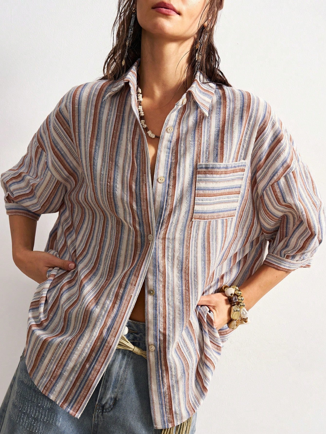 Bohemela Plus Size Women's Fashion Single-Breasted Striped Beige Pocket Shirt Vacation Summer Boho
