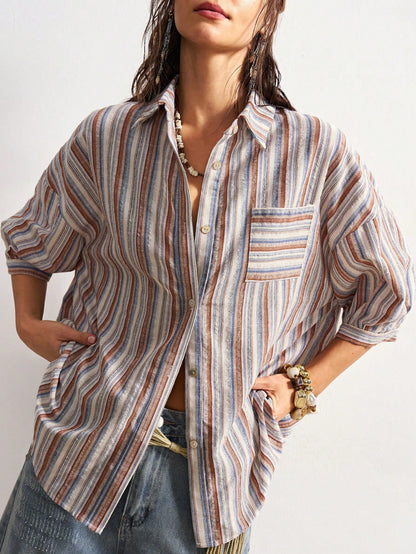 Bohemela Plus Size Women's Fashion Single-Breasted Striped Beige Pocket Shirt Vacation Summer Boho