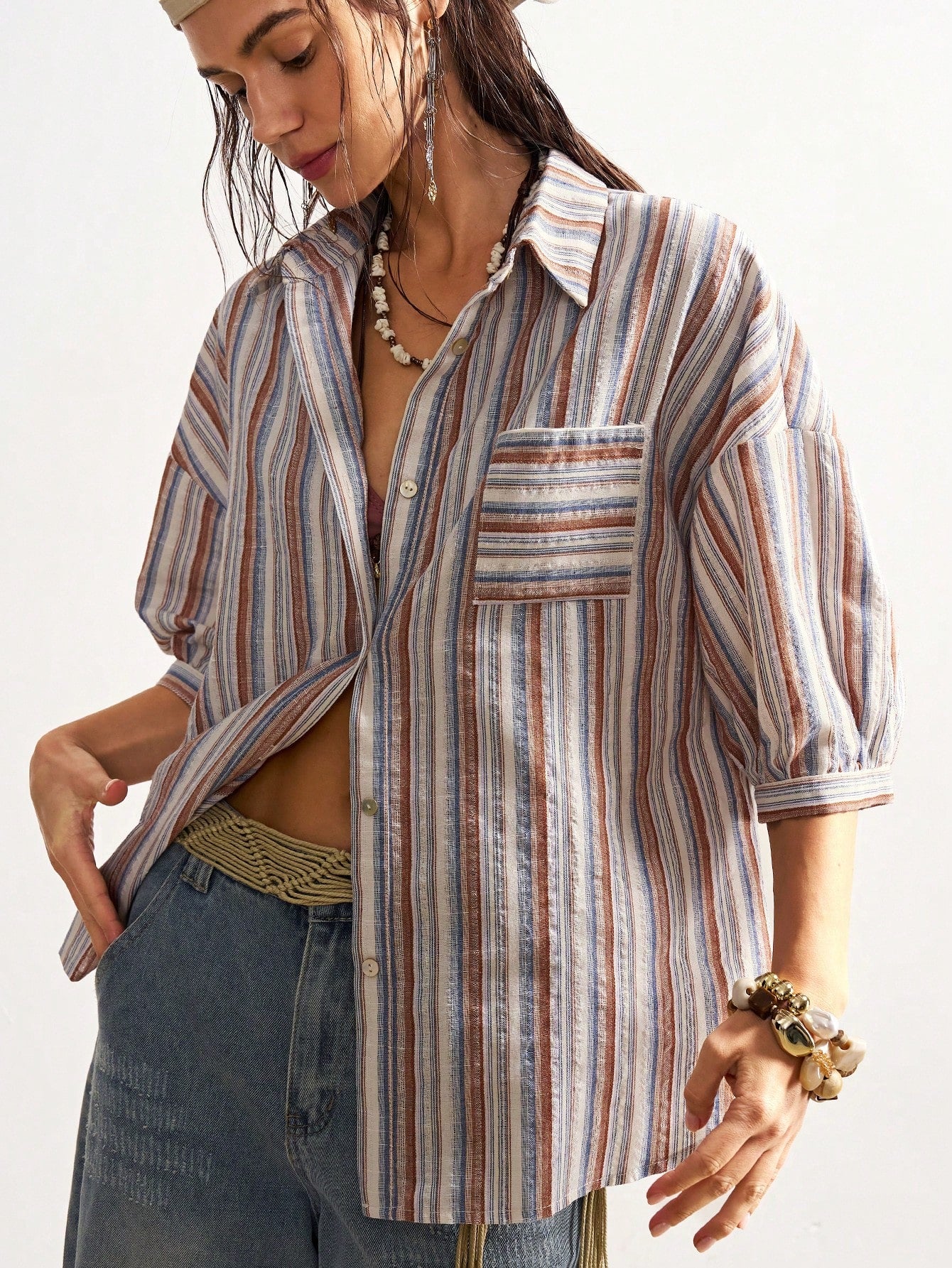 Bohemela Plus Size Women's Fashion Single-Breasted Striped Beige Pocket Shirt Vacation Summer Boho