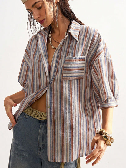 Bohemela Plus Size Women's Fashion Single-Breasted Striped Beige Pocket Shirt Vacation Summer Boho
