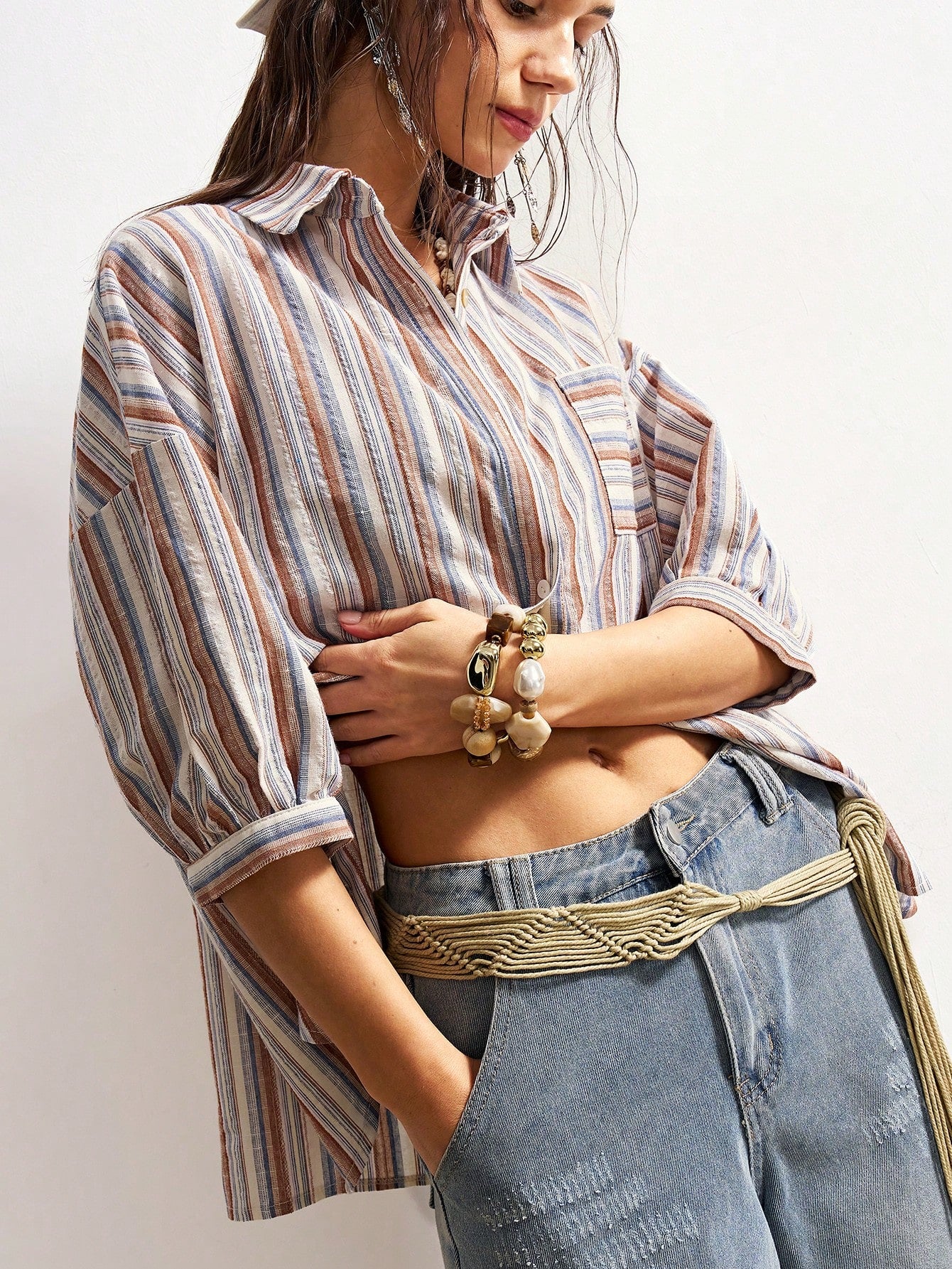 Bohemela Plus Size Women's Fashion Single-Breasted Striped Beige Pocket Shirt Vacation Summer Boho