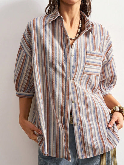 Bohemela Plus Size Women's Fashion Single-Breasted Striped Beige Pocket Shirt Vacation Summer Boho