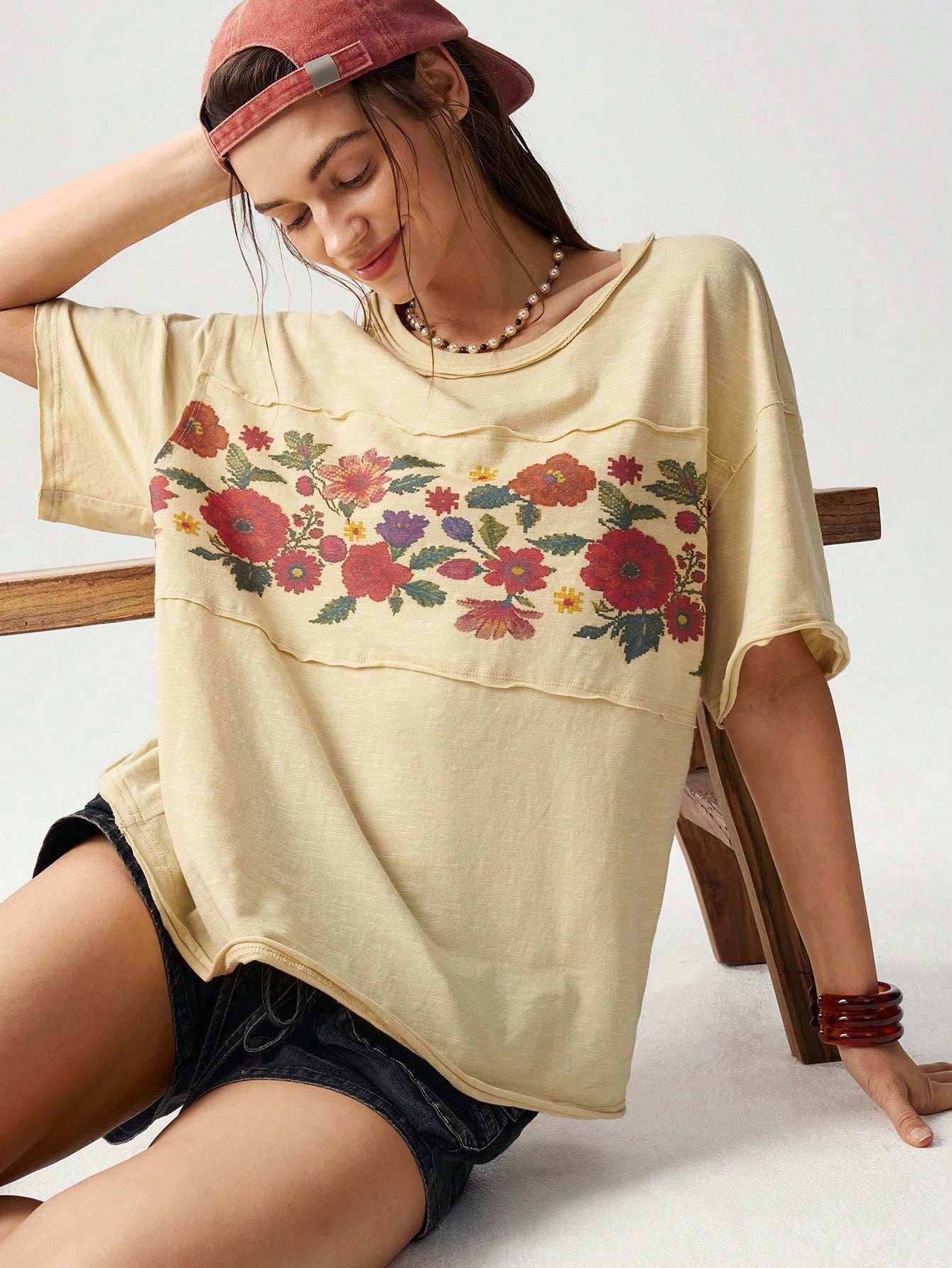 Bohemela Plus Size Women's Floral Print Vacation Short Sleeve Casual Boho T-Shirt Beach Vacation Beige Summer