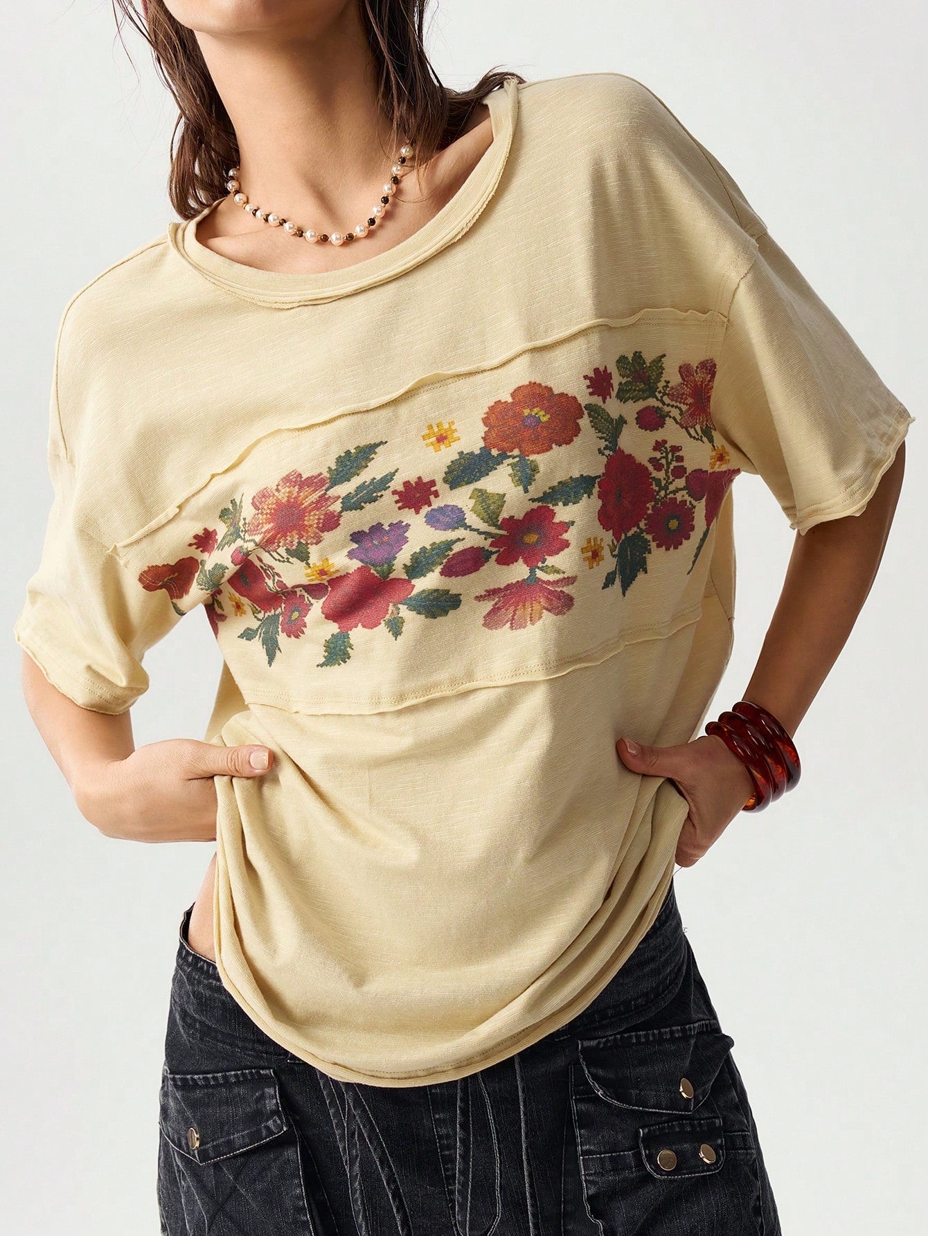 Bohemela Plus Size Women's Floral Print Vacation Short Sleeve Casual Boho T-Shirt Beach Vacation Beige Summer