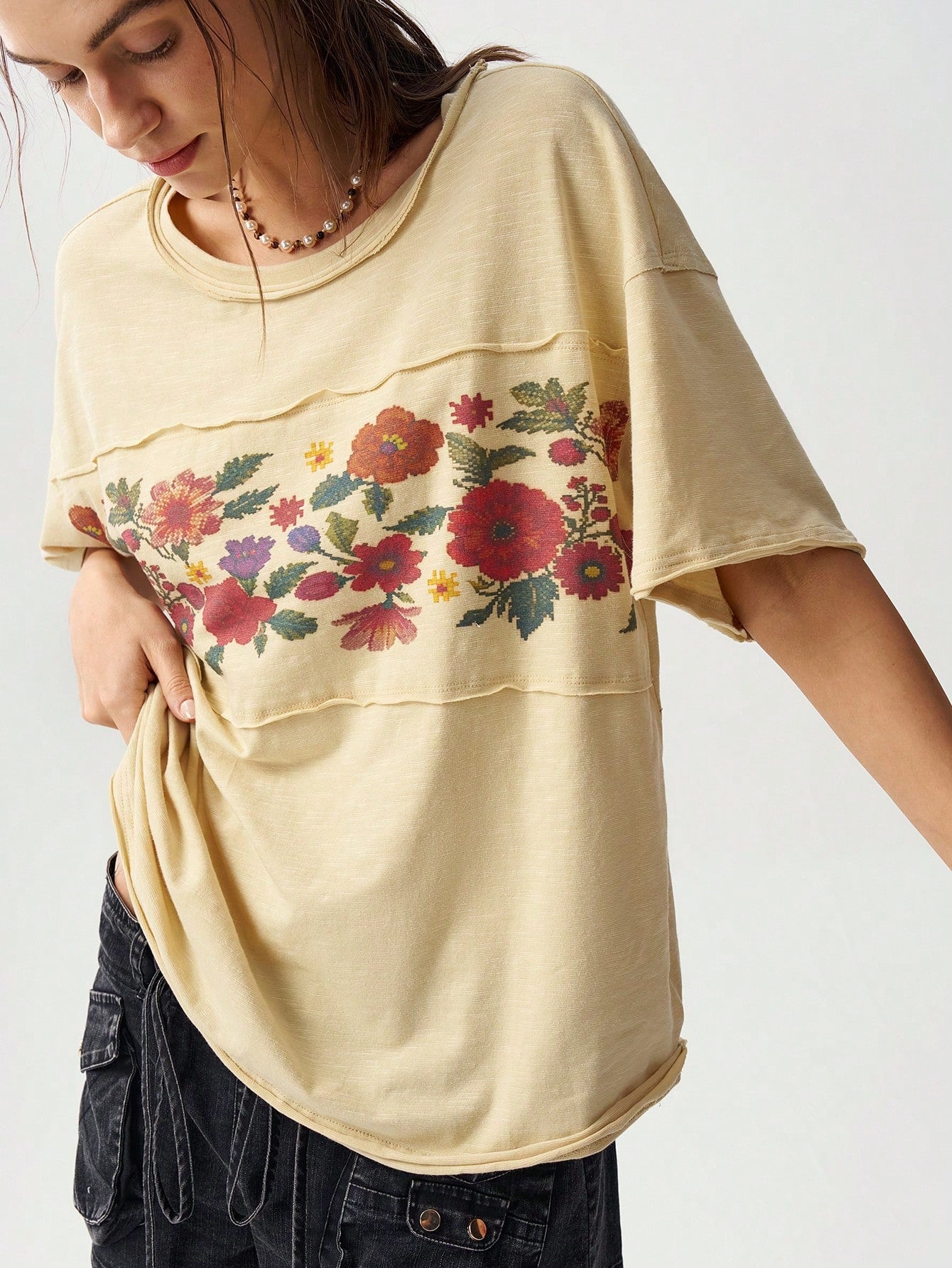 Bohemela Plus Size Women's Floral Print Vacation Short Sleeve Casual Boho T-Shirt Beach Vacation Beige Summer