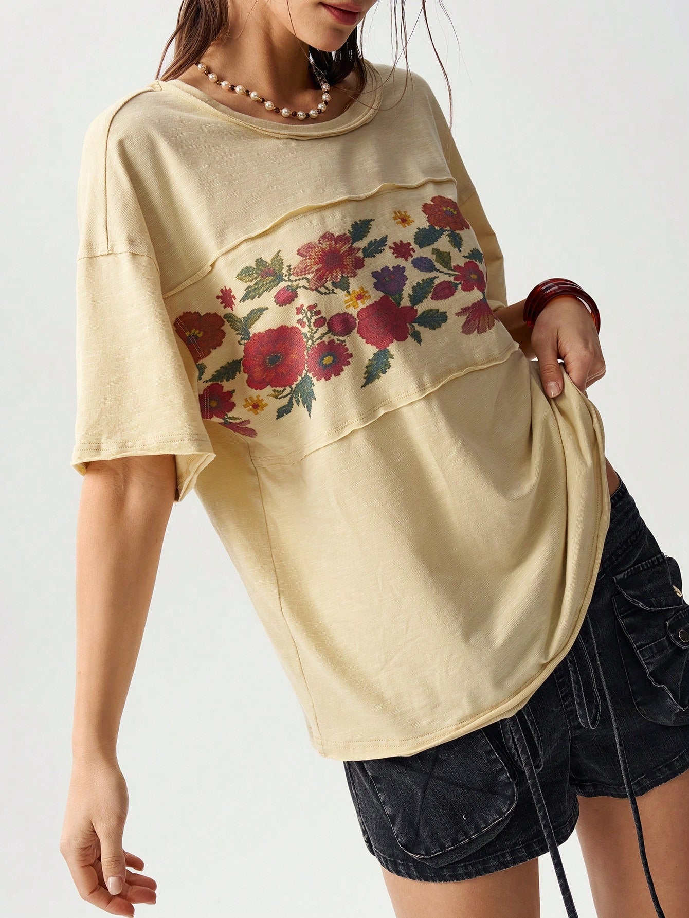 Bohemela Plus Size Women's Floral Print Vacation Short Sleeve Casual Boho T-Shirt Beach Vacation Beige Summer