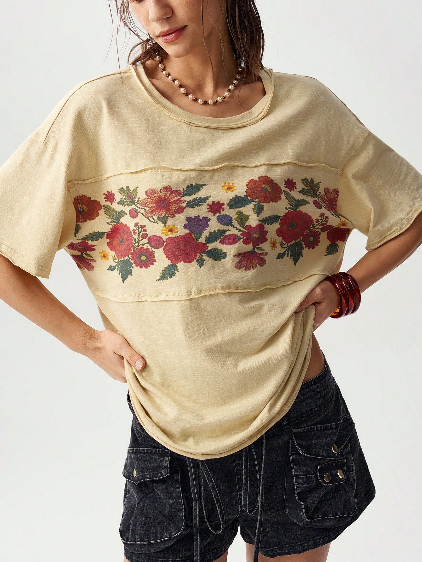Bohemela Plus Size Women's Floral Print Vacation Short Sleeve Casual Boho T-Shirt Beach Vacation Beige Summer