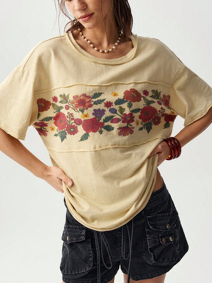 Bohemela Plus Size Women's Floral Print Vacation Short Sleeve Casual Boho T-Shirt Beach Vacation Beige Summer