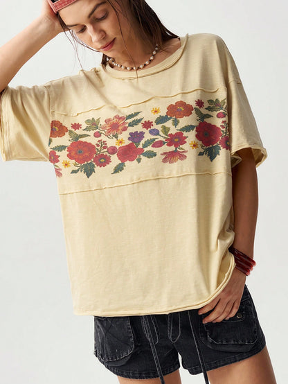 Bohemela Plus Size Women's Floral Print Vacation Short Sleeve Casual Boho T-Shirt Beach Vacation Beige Summer