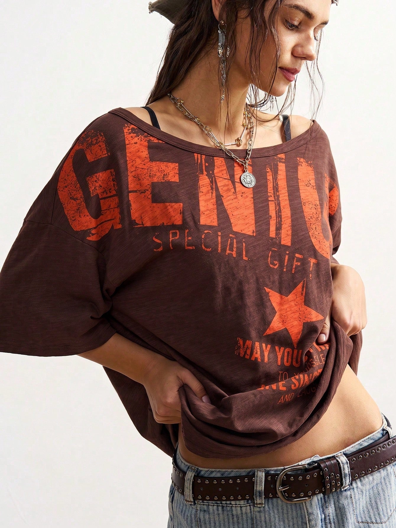 Bohemela Plus Size Women's Letter Print Casual Grunge Versatile Daily Wear T-Shirt Concert Burnt Orange Summer