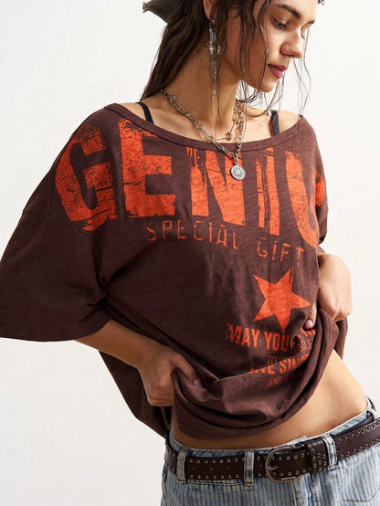 Bohemela Plus Size Women's Letter Print Casual Grunge Versatile Daily Wear T-Shirt Concert Burnt Orange Summer