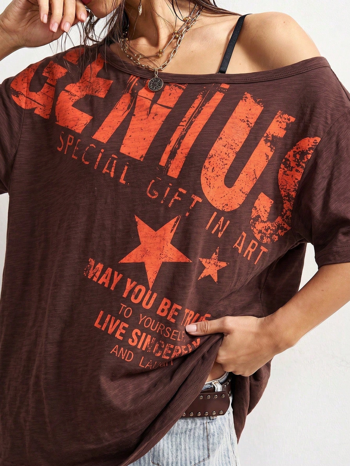 Bohemela Plus Size Women's Letter Print Casual Grunge Versatile Daily Wear T-Shirt Concert Burnt Orange Summer