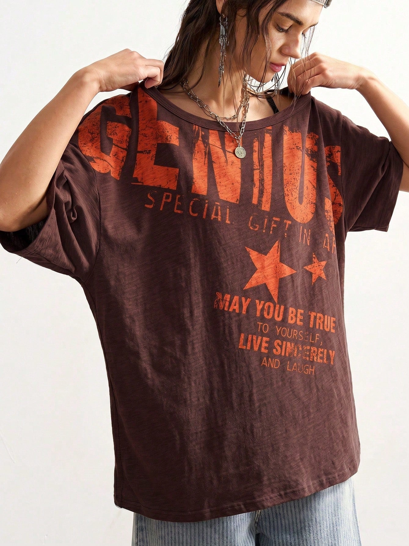 Bohemela Plus Size Women's Letter Print Casual Grunge Versatile Daily Wear T-Shirt Concert Burnt Orange Summer