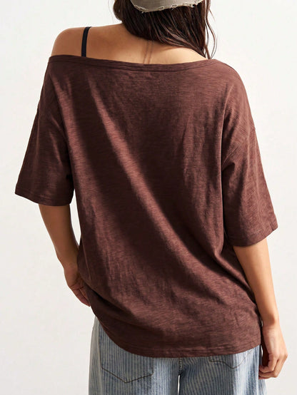 Bohemela Plus Size Women's Letter Print Casual Grunge Versatile Daily Wear T-Shirt Concert Burnt Orange Summer