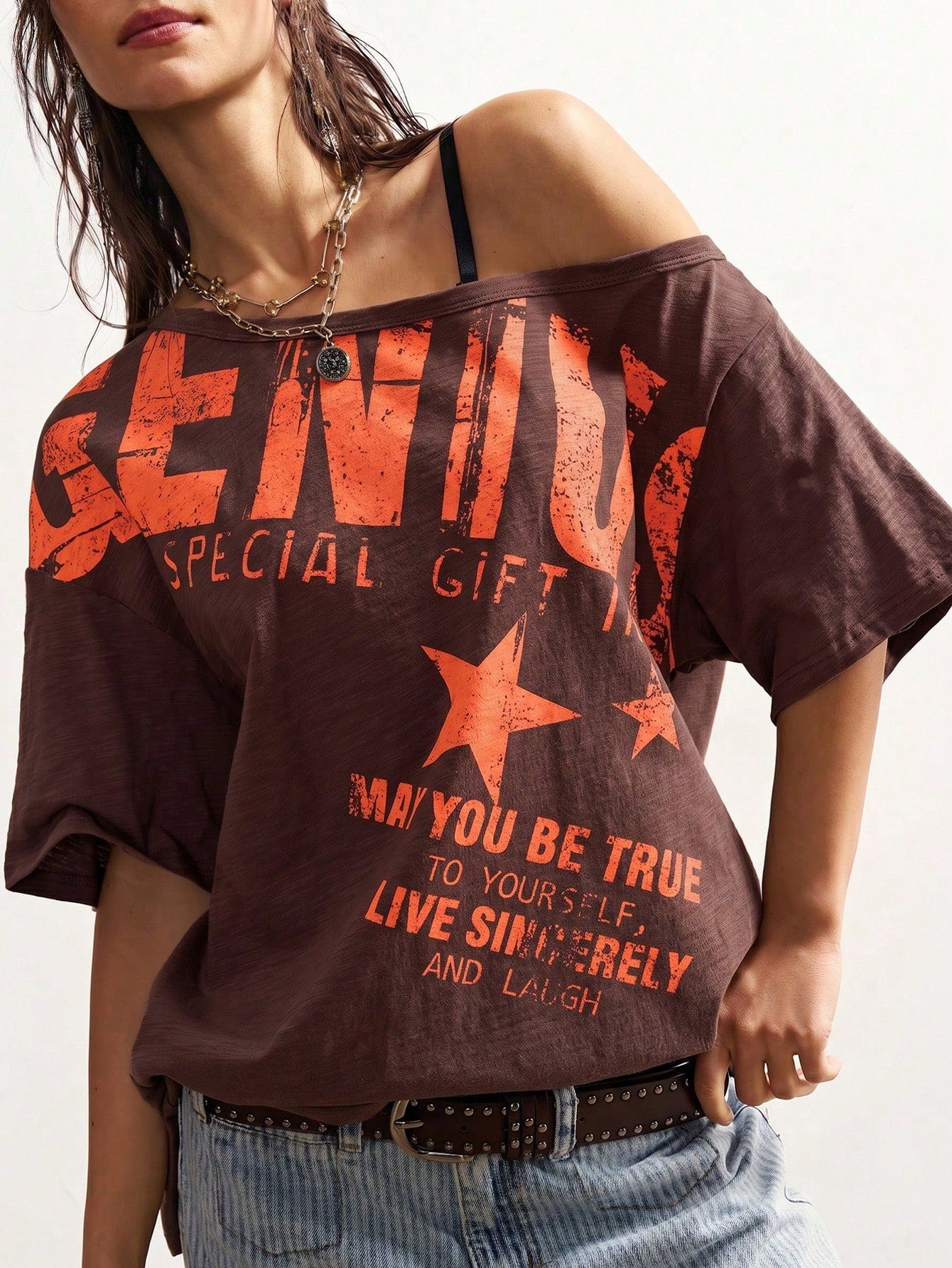 Bohemela Plus Size Women's Letter Print Casual Grunge Versatile Daily Wear T-Shirt Concert Burnt Orange Summer