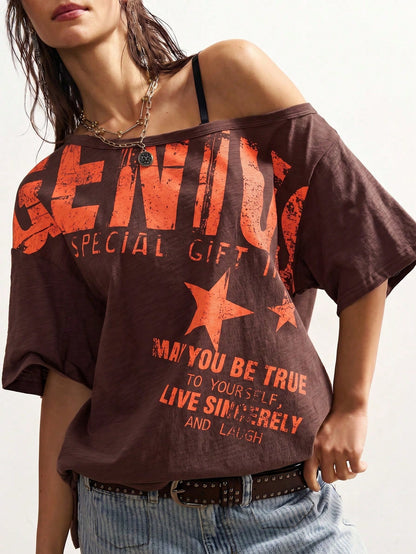 Bohemela Plus Size Women's Letter Print Casual Grunge Versatile Daily Wear T-Shirt Concert Burnt Orange Summer