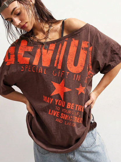 Bohemela Plus Size Women's Letter Print Casual Grunge Versatile Daily Wear T-Shirt Concert Burnt Orange Summer