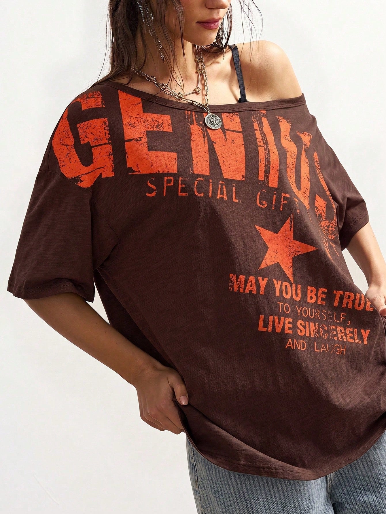 Bohemela Plus Size Women's Letter Print Casual Grunge Versatile Daily Wear T-Shirt Concert Burnt Orange Summer