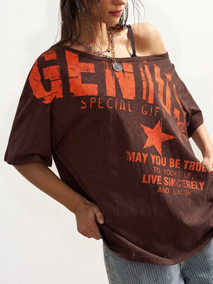 Bohemela Plus Size Women's Letter Print Casual Grunge Versatile Daily Wear T-Shirt Concert Burnt Orange Summer