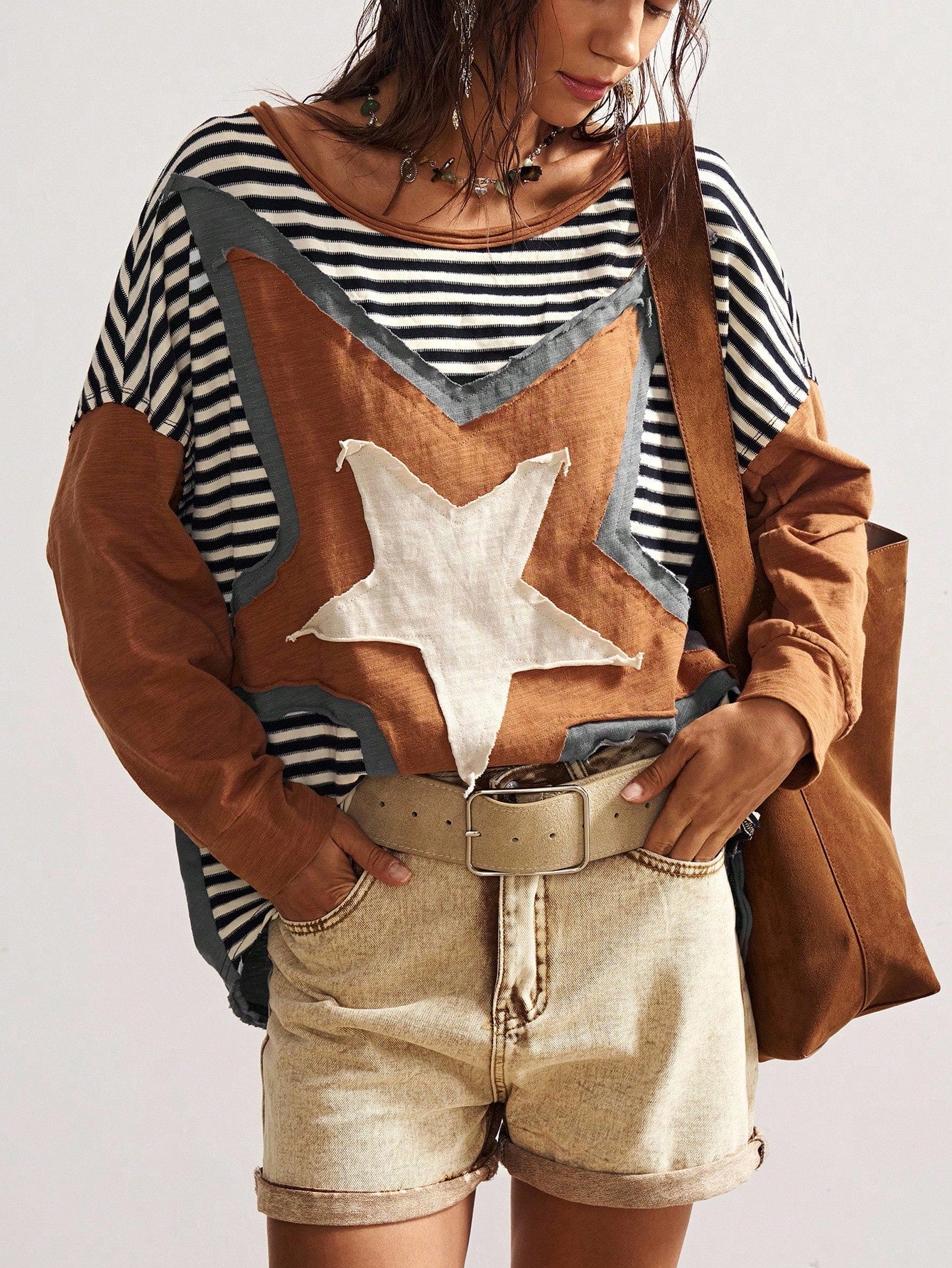 Bohemela Plus Size Women's Pentagram Applique Striped Round Neck Drop Shoulder Long Sleeve Casual Top Fall