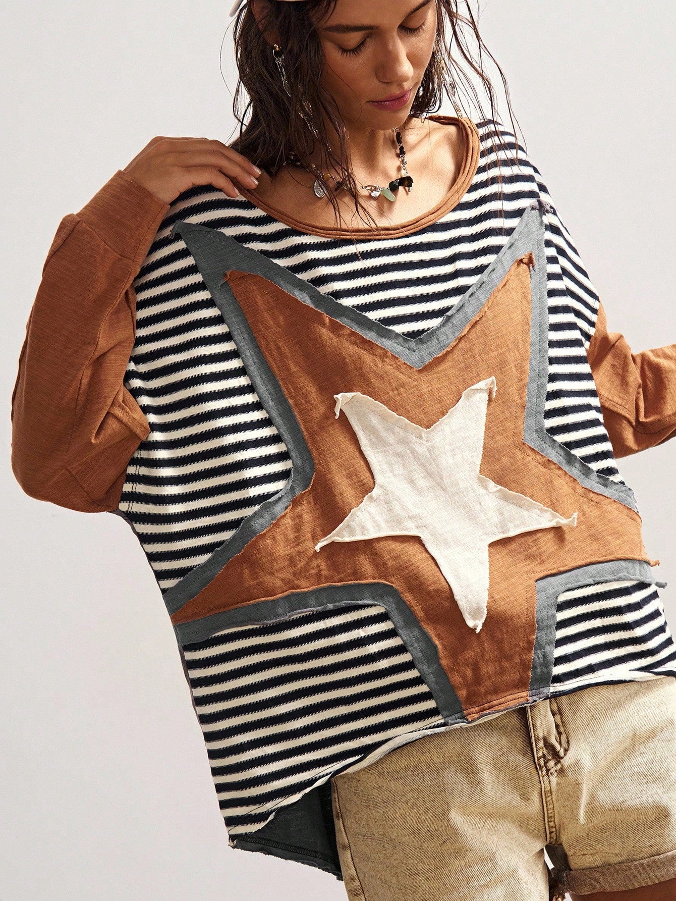 Bohemela Plus Size Women's Pentagram Applique Striped Round Neck Drop Shoulder Long Sleeve Casual Top Fall