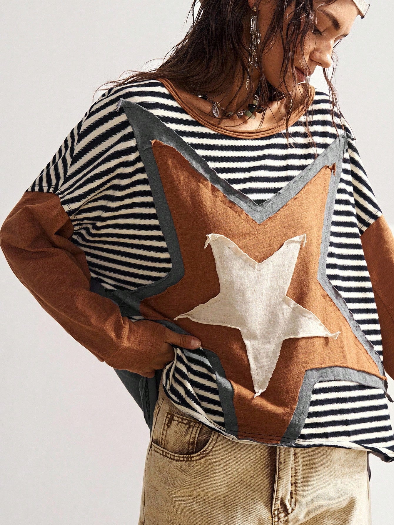 Bohemela Plus Size Women's Pentagram Applique Striped Round Neck Drop Shoulder Long Sleeve Casual Top Fall