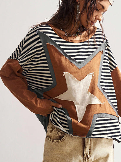 Bohemela Plus Size Women's Pentagram Applique Striped Round Neck Drop Shoulder Long Sleeve Casual Top Fall